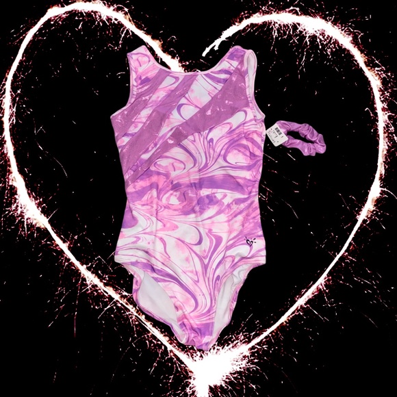 Justice Size 16 Pink Marble and Metallic Leotard and Matching Scrunchy - Picture 1 of 5